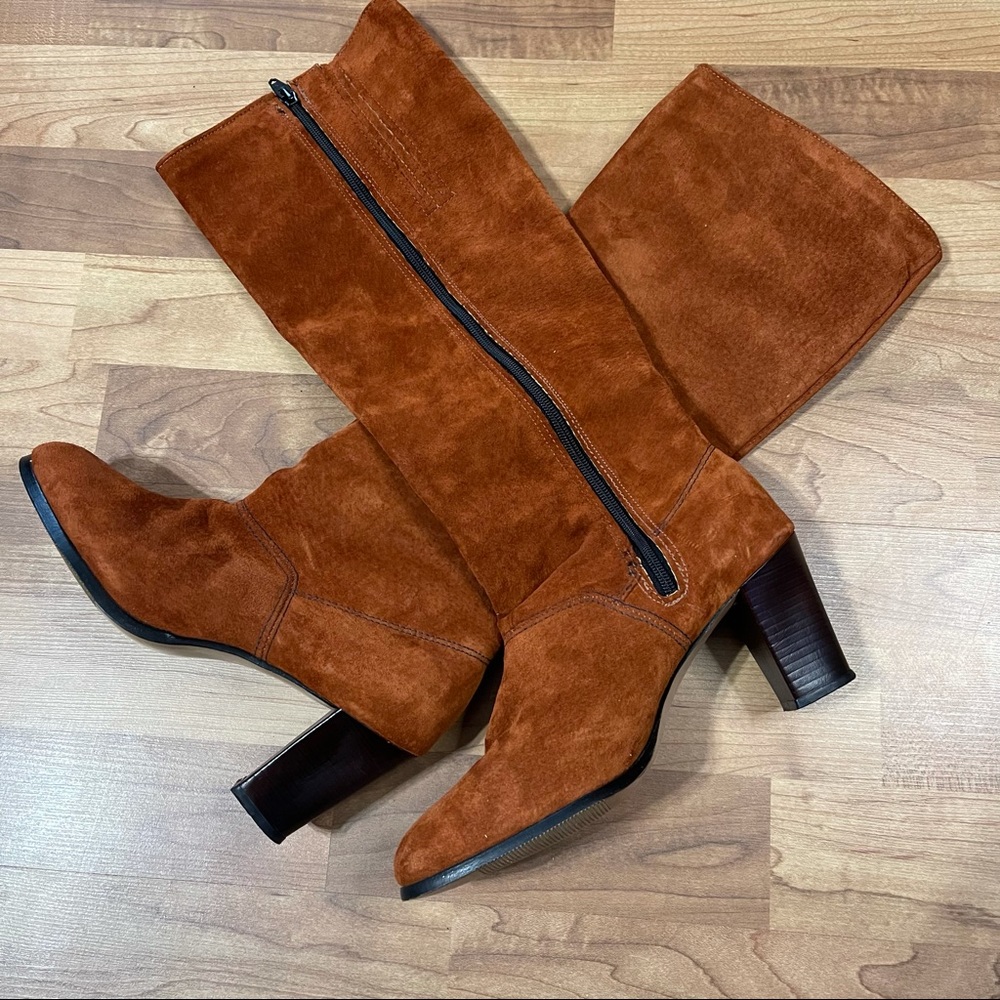 Hush Puppies Burnt Orange Suede Tall Boots. Heeled Zip Up Boots 7.5